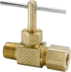 Parker - 3/8 x 1/4" Pipe, Inline Needle Valve - Compression x MNPTF Ends, Brass Valve, 150 Max psi - Benchmark Tooling