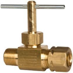 Parker - 3/8 x 1/4" Pipe, Inline Needle Valve - Compression x MNPTF Ends, Brass Valve, 150 Max psi - Benchmark Tooling