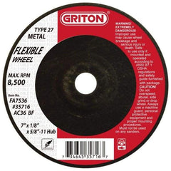 Value Collection - 36 Grit, 7" Wheel Diam, 1/8" Wheel Thickness, Type 27 Depressed Center Wheel - Aluminum Oxide, 8,500 Max RPM - Benchmark Tooling