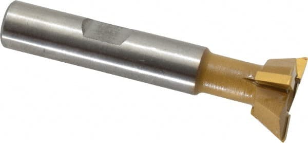 Made in USA - 3/4" Diam x 1/4" Width of Cut, 60° Included Angle, Carbide-Tipped Dovetail Cutter - 3/8" Shank Diam, 2-1/4" Overall Length, 0.02" Corner Radius, Weldon Flat, TiN Coated - Benchmark Tooling