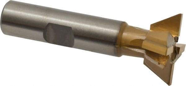 Made in USA - 1" Diam x 3/8" Width of Cut, 60° Included Angle, Carbide-Tipped Dovetail Cutter - 1/2" Shank Diam, 2-1/2" Overall Length, 0.02" Corner Radius, Weldon Flat, TiN Coated - Benchmark Tooling