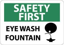 NMC - "Safety First - Eye Wash Fountain", 10" Long x 14" Wide, Pressure-Sensitive Vinyl Safety Sign - Rectangle, 0.004" Thick, Use for First Aid - Benchmark Tooling