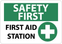 NMC - "Safety First - First Aid Station", 10" Long x 14" Wide, Pressure-Sensitive Vinyl Safety Sign - Rectangle, 0.004" Thick, Use for First Aid - Benchmark Tooling