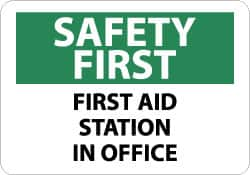 NMC - "Safety First - First Aid Station in Office", 10" Long x 14" Wide, Aluminum Safety Sign - Rectangle, 0.04" Thick, Use for First Aid - Benchmark Tooling