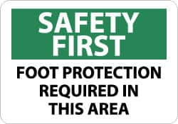 NMC - "Safety First - Foot Protection Required in This Area", 10" Long x 14" Wide, Pressure-Sensitive Vinyl Safety Sign - Rectangle, 0.004" Thick, Use for Accident Prevention - Benchmark Tooling