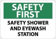 NMC - "Safety First - Safety Shower and Eyewash Station", 10" Long x 14" Wide, Pressure-Sensitive Vinyl Safety Sign - Rectangle, 0.004" Thick, Use for First Aid - Benchmark Tooling