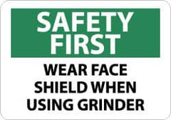 NMC - "Safety First - Wear Face Shield When Using Grinder", 10" Long x 14" Wide, Pressure-Sensitive Vinyl Safety Sign - Rectangle, 0.004" Thick, Use for Accident Prevention - Benchmark Tooling