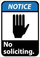 NMC - "Notice - No Soliciting", 14" Long x 10" Wide, Pressure-Sensitive Vinyl Safety Sign - Rectangle, 0.004" Thick, Use for Security & Admittance - Benchmark Tooling