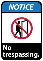 NMC - "Notice - No Trespassing", 14" Long x 10" Wide, Pressure-Sensitive Vinyl Safety Sign - Rectangle, 0.004" Thick, Use for Security & Admittance - Benchmark Tooling