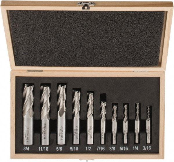 Interstate - 3/16 to 3/4", 4 Flute Square End Mill Set - Uncoated, High Speed Steel, Single End, Centercutting - Benchmark Tooling