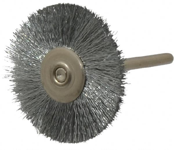 Anderson - 1-1/4" OD, 1/8" Shank Diam, Crimped Steel Wheel Brush - 0.005" Filament Diam, 25,000 RPM - Benchmark Tooling