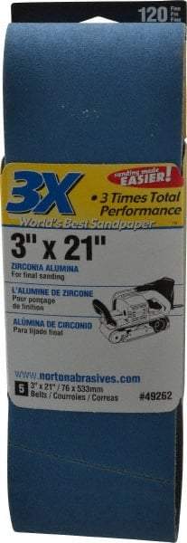 Norton - 3" Wide x 21" OAL, 120 Grit, Zirconia Alumina Abrasive Belt - Zirconia Alumina, Fine, Coated, Y Weighted Cloth Backing, Series 3X - Benchmark Tooling