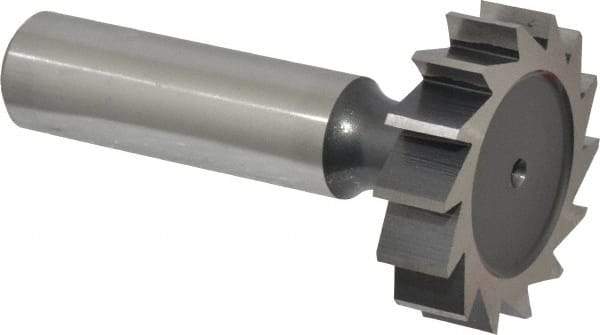 Interstate - 1-1/4" Diam x 5/16" Face Width, High Speed Steel, 14 Teeth, Shank Connection Woodruff Keyseat Cutter - Uncoated, 2-5/16" OAL x 1/2" Shank, Straight Teeth, ANSI 1010, Old Standard D - Benchmark Tooling