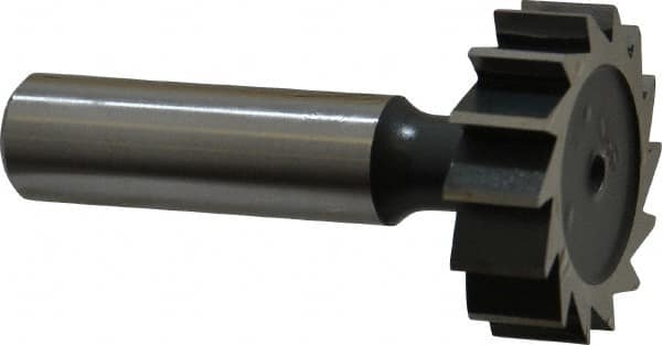 Interstate - 1-1/4" Diam x 3/8" Face Width, High Speed Steel, 14 Teeth, Shank Connection Woodruff Keyseat Cutter - Uncoated, 2-3/8" OAL x 1/2" Shank, Straight Teeth, ANSI 1210, Old Standard E - Benchmark Tooling