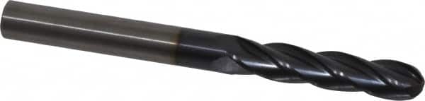 OSG - 3/8" Diam, 1-3/4" LOC, 4 Flute Solid Carbide Ball End Mill - TiAlN Finish, Single End, 4" OAL, 3/8" Shank Diam, Spiral Flute - Benchmark Tooling