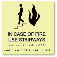 NMC - In Case of Fire - Use Stairway, Plastic Fire Sign - 8" Wide x 8" High, English/Braille, Glow-in-the-Dark - Benchmark Tooling