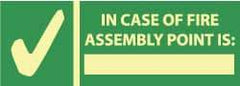 NMC - In Case of Fire - Assembly Point Is: _______, Pressure Sensitive Vinyl Exit Sign - 14" Wide x 5" High, Glow-in-the-Dark - Benchmark Tooling