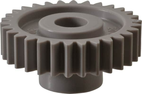 Made in USA - 20 Pitch, 1-1/2" Pitch Diam, 1.6" OD, 30 Tooth Spur Gear - 3/8" Face Width, 3/8" Bore Diam, 47/64" Hub Diam, 20° Pressure Angle, Acetal - Benchmark Tooling