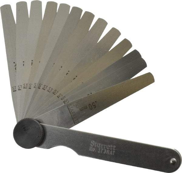 Starrett - 13 Piece, 0.03 to 0.5mm Tapered Feeler Gage Set - 77mm Long x 7 to 12.7mm Wide (Tapered), Tempered Steel - Benchmark Tooling