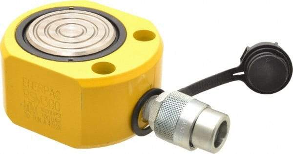 Enerpac - 30 Ton, 0.5" Stroke, 3.25 Cu In Oil Capacity, Portable Hydraulic Flat Body Cylinder - 6.49 Sq In Effective Area, 2.31" Lowered Ht., 2.81" Max Ht., 2.88" Cyl Bore Diam, 2.5" Plunger Rod Diam, 10,000 Max psi - Benchmark Tooling