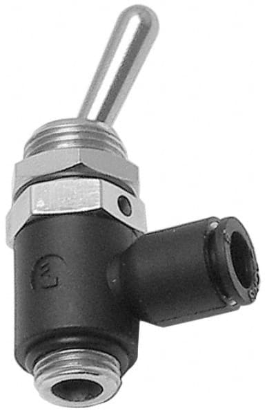 Legris - 4mm OD, 1/8 BSPP, Nylon/Nickel Plated Brass Push-to-Connect Manually Operated 3-Way Venting Valve - 230 Max psi, Black - Benchmark Tooling
