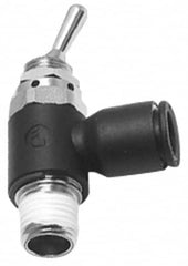 Legris - 3/8" OD, 1/4 NPT, Nylon/Nickel Plated Brass Push-to-Connect Manually Operated 3-Way Venting Valve - 230 Max psi, Black - Benchmark Tooling