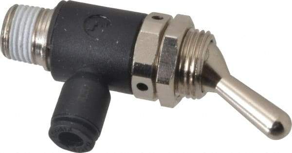 Legris - 5/32" OD, 1/8 NPT, Nylon/Nickel Plated Brass Push-to-Connect Manually Operated 3-Way Venting Valve - 230 Max psi, Black - Benchmark Tooling