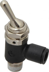Legris - 1/4" OD, 1/8 NPT, Nylon/Nickel Plated Brass Push-to-Connect Manually Operated 3-Way Venting Valve - 230 Max psi, Black - Benchmark Tooling