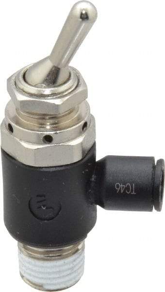 Legris - 1/4" OD, 1/4 NPT, Nylon/Nickel Plated Brass Push-to-Connect Manually Operated 3-Way Venting Valve - 230 Max psi, Black - Benchmark Tooling