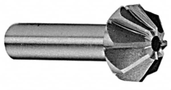 Made in USA - 1-1/4" Large x 1/2" Small Diam, 25/32" Width of Cut, 60° Included Angle, 10 Teeth, High Speed Steel Face Angle Cutter - 5/8" Shank Diam, 2-21/32" Overall Length, Weldon Flat - Benchmark Tooling