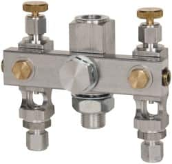 LDI Industries - 5/8-18 Outlet Thread, 1/4 Inlet Thread, Aluminum, Straight Valve, Oil Reservoir Needle Valve Manifold - 2 Outlet, 4-3/16" Wide, NPTF Inlet Thread, UNF Outlet Thread - Benchmark Tooling