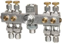 LDI Industries - 5/8-18 Outlet Thread, 1/4 Inlet Thread, Aluminum, Straight Valve, Oil Reservoir Needle Valve Manifold - 4 Outlet, 5-11/16" Wide, NPTF Inlet Thread, UNF Outlet Thread - Benchmark Tooling