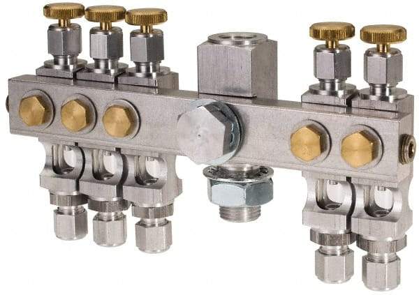 LDI Industries - 5/8-18 Outlet Thread, 1/4 Inlet Thread, Aluminum, Straight Valve, Oil Reservoir Needle Valve Manifold - 5 Outlet, 6-7/16" Wide, NPTF Inlet Thread, UNF Outlet Thread - Benchmark Tooling