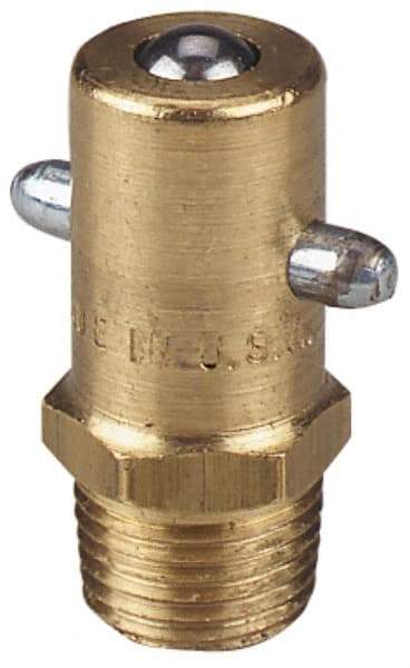 Alemite - Straight Head Angle, 1/8 PTF Brass Pin-Style Grease Fitting - 7/16" Hex, 31/32" Overall Height, 17/64" Shank Length, 3,000 Operating psi, Zinc Plated Finish - Benchmark Tooling