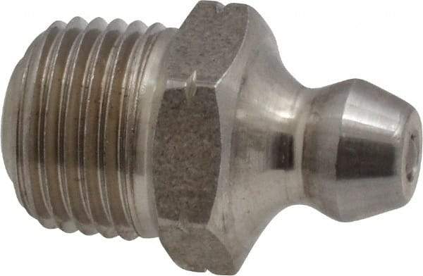 Alemite - Straight Head Angle, 1/8 PTF Nickel/Copper Standard Grease Fitting - 7/16" Hex, 3/4" Overall Height, 5/16" Shank Length - Benchmark Tooling