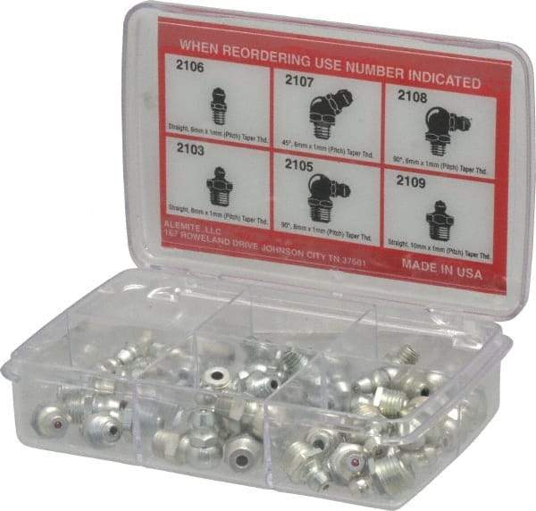 Alemite - 44 Piece, Metric, Box Grease Fitting Set - Includes Metric Thread Types, Includes M10x1: (10) Straight, M6x1: (10) Straight, (6) 45°, (6) 90°, M8x1: (6) Straight, (6) 90° - Benchmark Tooling