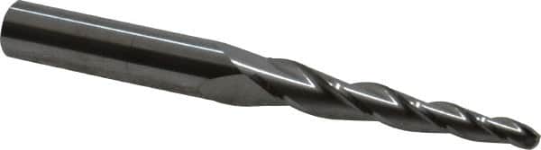 SGS - 3° Taper Angle per Side, 5/32" Small End Diam, 1-3/4" LOC, Solid Carbide 3 Flute Tapered Ball End Mill - 3-1/2" OAL, 3/8" Shank Diam, Spiral Flute, 28° Helix - Benchmark Tooling