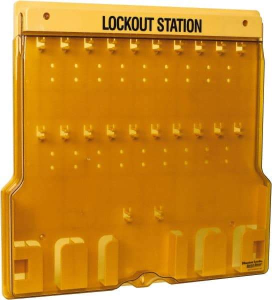 Master Lock - 1 Piece, Empty Polycarbonate Padlock Station - 22 Inch Wide x 22 Inch High x 1-3/4 Inch Deep, Black on Yellow, Covered - Benchmark Tooling