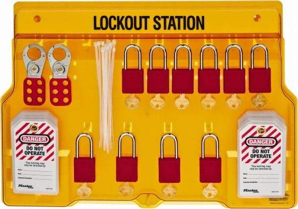 Master Lock - 14 Piece, Equipped Polycarbonate Padlock Station - 22 Inch Wide x 15-1/2 Inch High x 1-3/4 Inch Deep, Black on Yellow, Covered - Benchmark Tooling