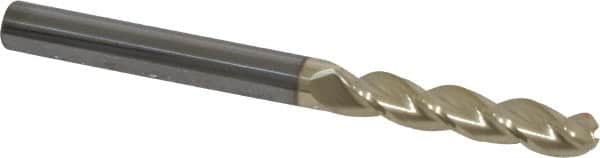 Accupro - 1/4" Diam, 1-1/4" LOC, 3 Flute Solid Carbide Ball End Mill - ZrN Finish, Single End, 3" OAL, 1/4" Shank Diam, Spiral Flute - Benchmark Tooling