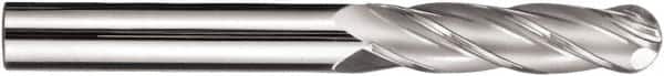 SGS - 5/16" Diam, 1-1/8" LOC, 4 Flute Solid Carbide Ball End Mill - Diamond-Like Carbon (DLC) Finish, Single End, 3" OAL, 5/16" Shank Diam, Spiral Flute - Benchmark Tooling