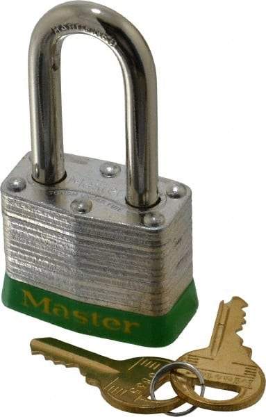 Master Lock - Keyed Different Retaining Key Conductive Lockout Padlock - 1-1/2" Shackle Clearance, 9/32" Shackle Diam, 1-1/4" Body Height x 1-9/16" Body Width, Green, 4 Pins - Benchmark Tooling