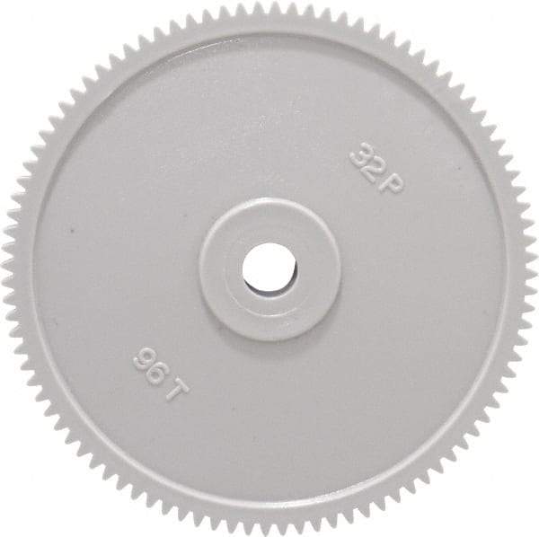 Made in USA - 32 Pitch, 3" Pitch Diam, 3-1/16" OD, 96 Tooth Spur Gear - 3/16" Face Width, 5/16" Bore Diam, 13/16" Hub Diam, 20° Pressure Angle, Acetal - Benchmark Tooling