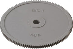 Made in USA - 48 Pitch, 2-1/2" Pitch Diam, 2.542" OD, 120 Tooth Spur Gear - 1/8" Face Width, 1/4" Bore Diam, 39/64" Hub Diam, 20° Pressure Angle, Acetal - Benchmark Tooling