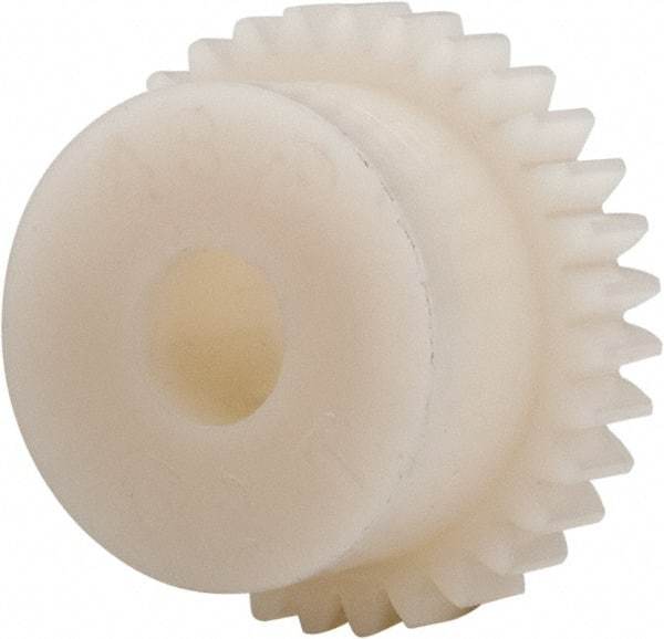 Made in USA - 48 Pitch, 0.667" Pitch Diam, 0.708" OD, 32 Tooth Spur Gear - 1/8" Face Width, 3/16" Bore Diam, 35/64" Hub Diam, 20° Pressure Angle, Acetal - Benchmark Tooling