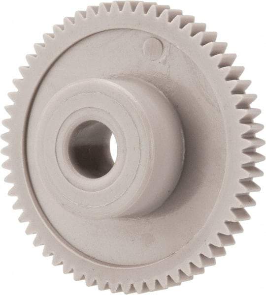 Made in USA - 48 Pitch, 1-1/4" Pitch Diam, 1.292" OD, 60 Tooth Spur Gear - 1/8" Face Width, 1/4" Bore Diam, 39/64" Hub Diam, 20° Pressure Angle, Acetal - Benchmark Tooling