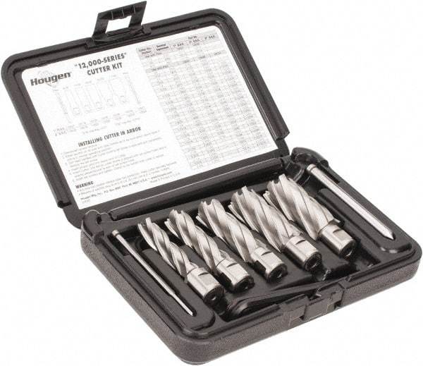 Hougen - 8 Piece, 9/16 to 1-1/16" Cutter Diam, 2" Cutting Depth, High Speed Steel Annular Cutter Set - Bright Finish, 3/4" Shank Diam, 9/16, 11/16, 13/16, 15/16, 1-1/16" Cutter Diams, 2 Flats on Shank - Benchmark Tooling