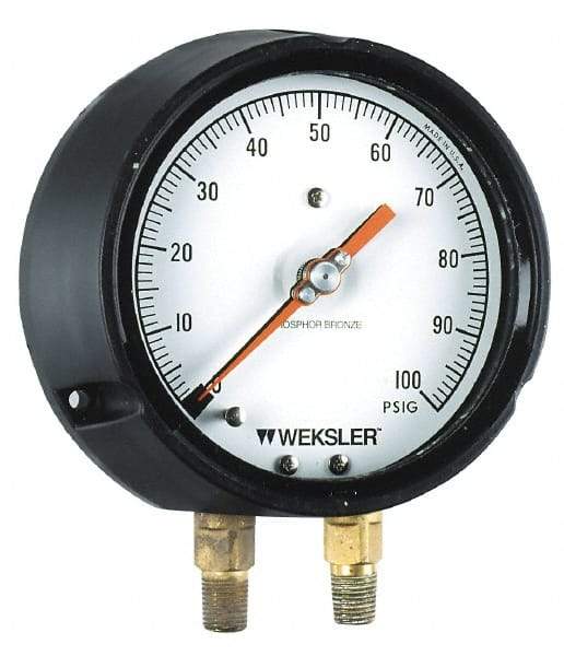 Weksler Instruments - 4-1/2" Dial, 1/4 Thread, 0-200 Scale Range, Pressure Gauge - Lower Connection, Rear Flange Connection Mount - Benchmark Tooling