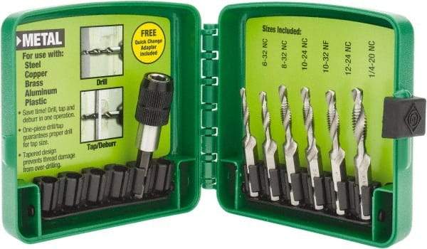 Greenlee - #6-32 to 1/4-20 UNC, 2-1/4" Overall Length, 1-1/4" Drill Length, High Speed Steel Combination Drill and Tap Set - 1/2" Thread Length, 2 Flutes, 6 Piece Set - Exact Industrial Supply