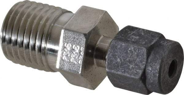Parker - 1/8" OD, Stainless Steel Male Connector - 9/16" Hex, Comp x MNPT Ends - Benchmark Tooling